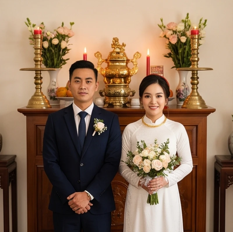 Văn khấn lễ cưới hỏi: Mẫu chuẩn từng nghi lễ và cách hành lễ 9 Cô dâu chú rể dâng hương báo cáo tổ tiên tại không gian thờ tự của nhà trai