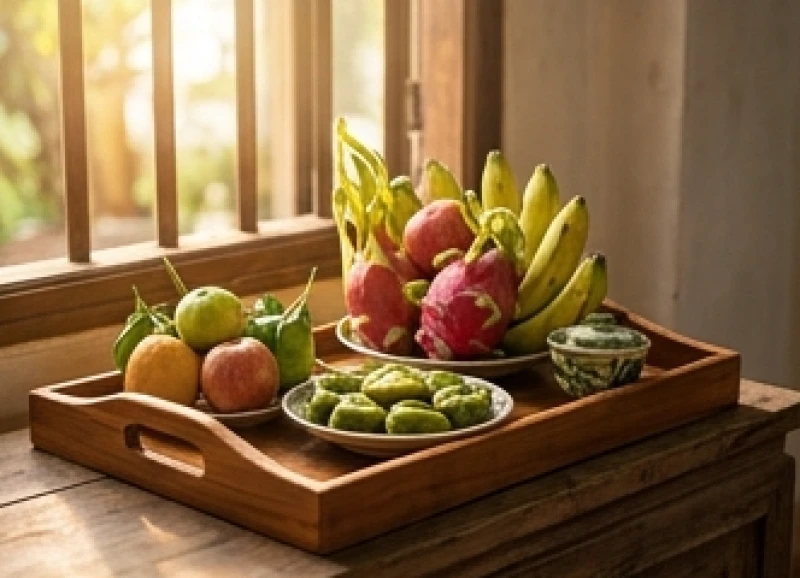 Mâm hoa quả tươi mát và đồ chay thanh tịnh được dâng lên ban thờ Chúa Sơn Trang