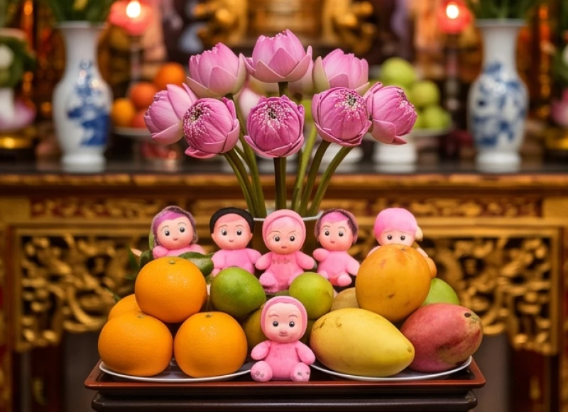 Văn khấn cầu con tại chùa: Bài khấn chuẩn, lễ vật và văn tạ lễ 6 Mâm lễ vật xin sinh bé gái với 9 bông hoa, 9 quả ngọt và các đồ chơi búp bê dễ thương màu hồng