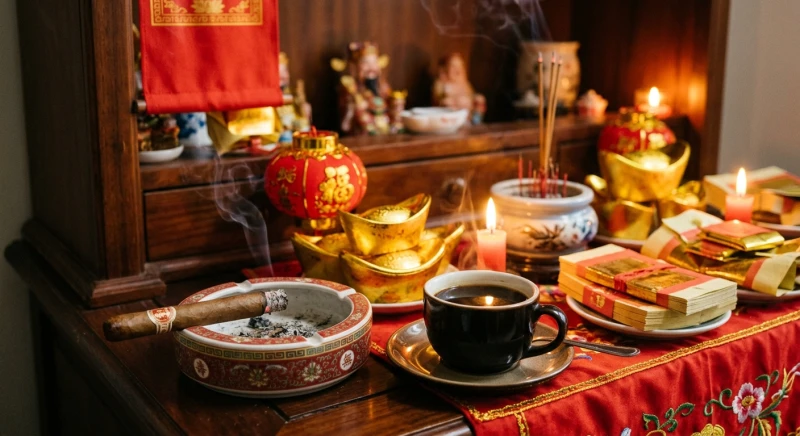 Một ly cà phê đen và điếu xì gà được dâng cúng trang trọng tại góc ban Thần Tài