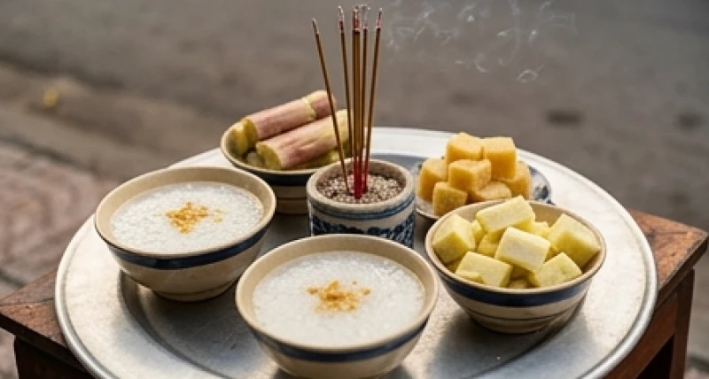 Mâm cúng cô hồn bày biện cháo loãng, đường thẻ và mía chặt khúc dành riêng cho các vong linh lang thang