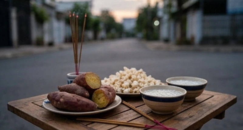 Đĩa bỏng ngô, khoai luộc và bát cháo loãng trên bàn cúng chúng sinh rằm tháng 7 đặt trước hiên nhà