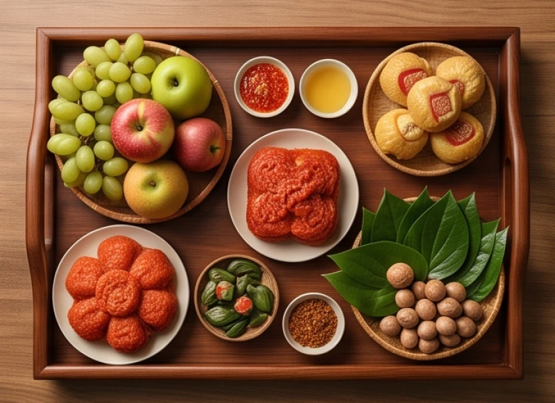 Đĩa ngũ quả tươi sáng, oản tài lộc và trầu cau xếp gọn gàng trên mâm cúng trang nghiêm