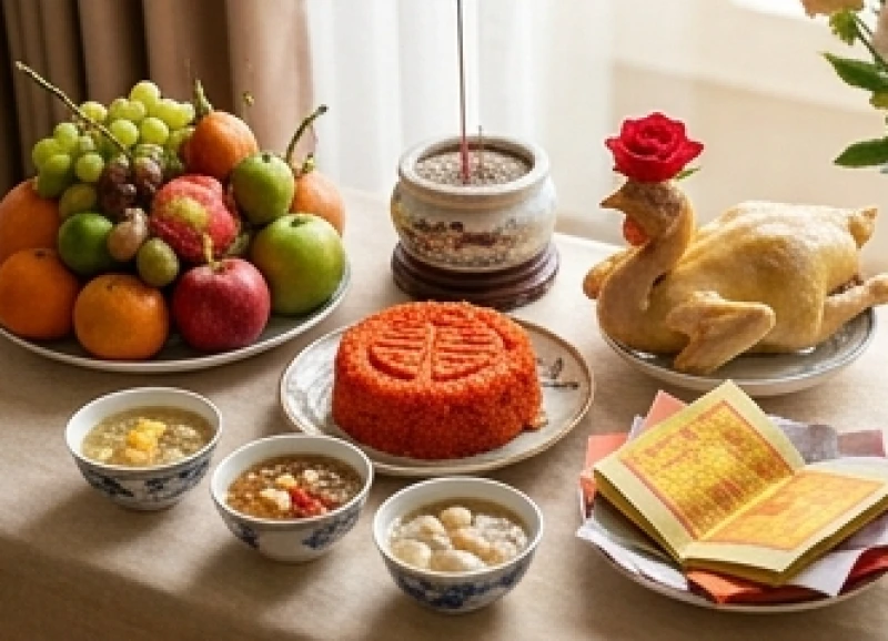 Mâm ngũ quả tươi ngon, xôi chè và gà luộc được chuẩn bị chu đáo cho lễ cúng đầy tháng của bé