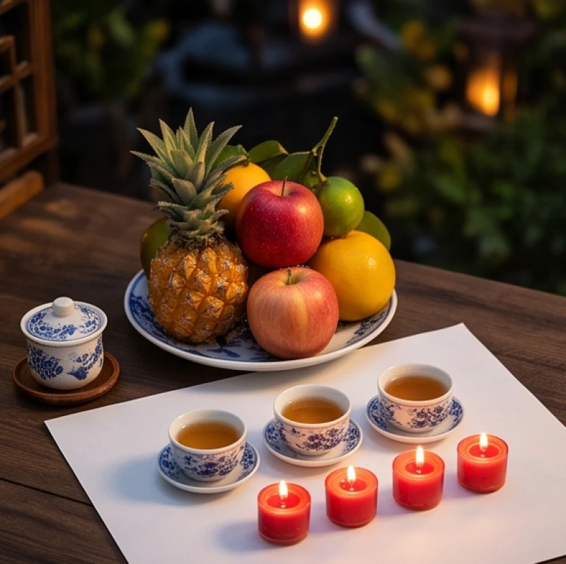 Mâm cúng giải hạn với trái cây ngũ sắc và những ngọn đèn cầy tĩnh lặng