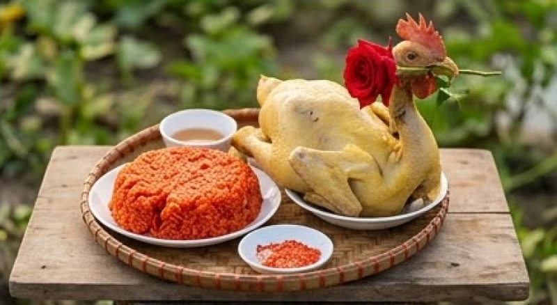 Mâm cúng hạ điền giản dị với xôi gấc đỏ và gà trống luộc nguyên con