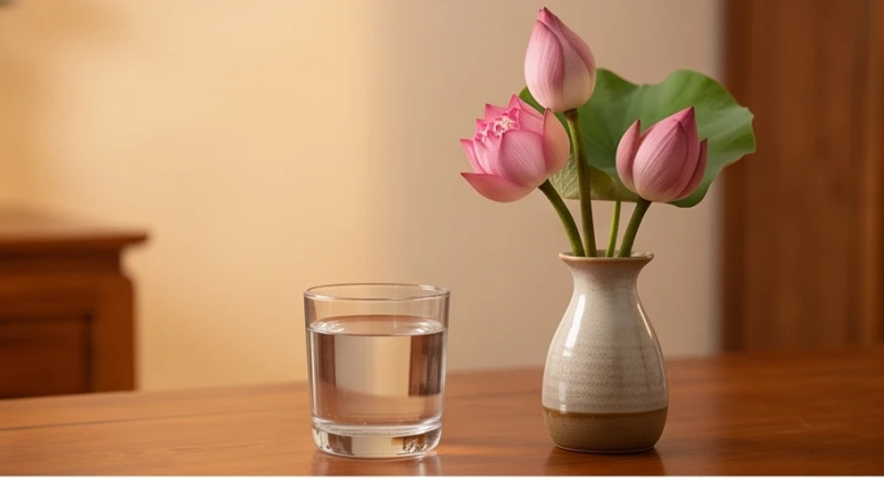 Mâm lễ cúng hàng ngày đơn giản với chén nước sạch tinh khiết và bình hoa tươi trên ban thờ