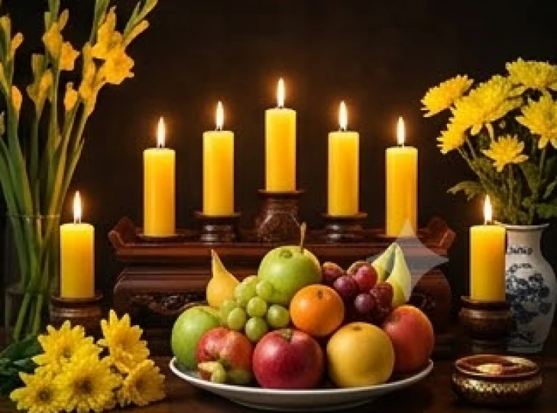 Bảy ngọn nến vàng rực rỡ tỏa sáng bên cạnh mâm ngũ quả tươi ngon dâng lên tạ ơn tinh quân che chở