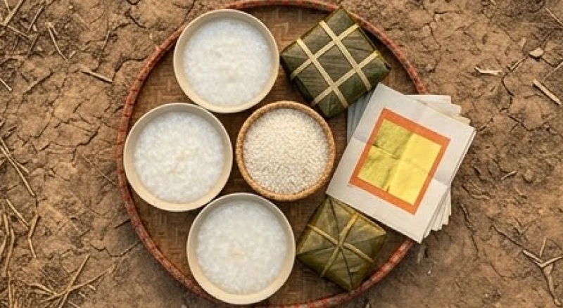 Văn khấn cúng chuồng gà: Cách sắm lễ và bài khấn chuẩn nhất 3 Cận cảnh các món lễ vật thuần nông như gạo tẻ, cháo trắng và bánh tét trên mâm cúng Ông Chuồng Bà Chuồng