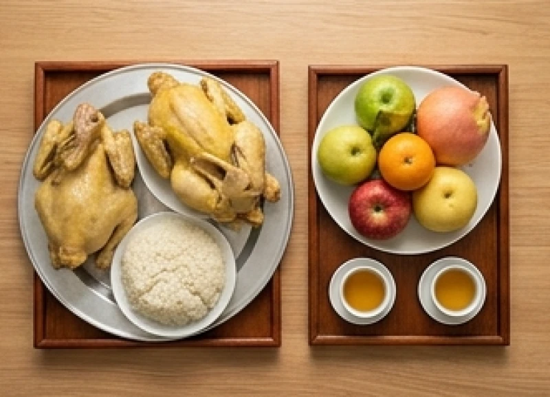 So sánh các món đồ lễ mặn và đồ lễ thanh tịnh dành cho nghi thức cúng Táo quân tại nơi làm việc.