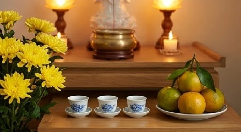 Mâm lễ chay thanh tịnh gồm hoa tươi, trái cây và nước sạch dâng lên bàn thờ Phật Bà Quan Âm
