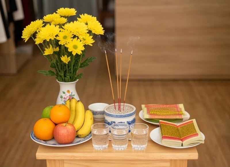 Văn khấn ngày rằm tại cửa hàng: Bài cúng Thần Tài và mâm lễ chuẩn 1 Năm lễ vật cơ bản dâng ban Thần Tài chuẩn bị cho nghi thức cúng rằm tại cửa hàng