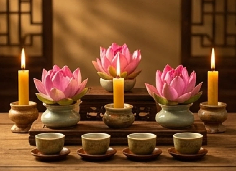 Mâm lễ vật cúng sao giải hạn với nến, hoa tươi, oản và trà rượu chuẩn ngũ hành