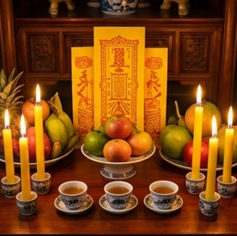 Bài vị màu vàng và 9 ngọn nến cùng mâm ngũ quả dâng cúng sao La Hầu