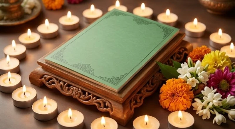 Mâm lễ vật cúng sao Mộc Đức với hai mươi ngọn nến và bài vị màu xanh lá cây đặt trang trọng
