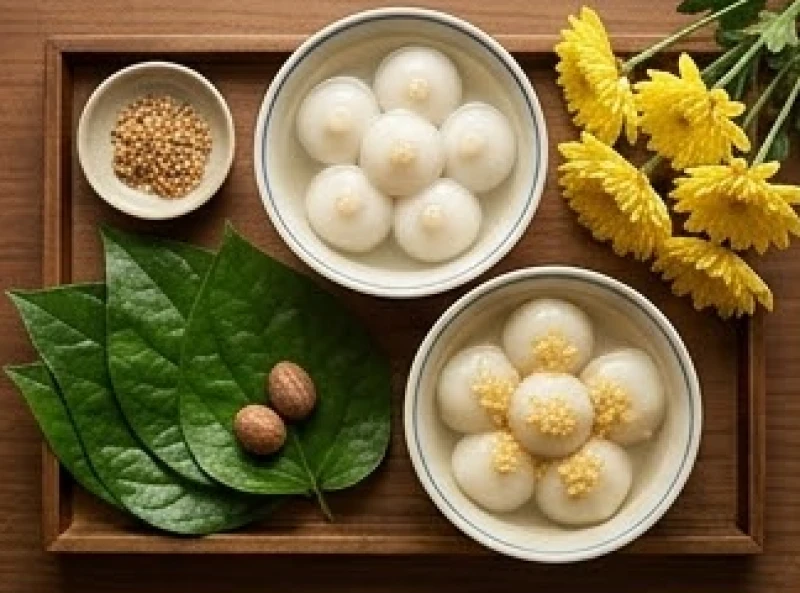 Ba bát bánh trôi trắng muốt cùng đĩa trầu cau và hoa cúc vàng được sắp xếp ngay ngắn trên mâm lễ