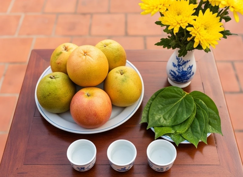 Văn khấn thần linh ngoài trời: Hướng bàn cúng và bài khấn chuẩn 6 Chi tiết ngũ quả tươi, bình hoa cúc vàng, trầu cau và các chén nước thanh khiết trên mâm lễ
