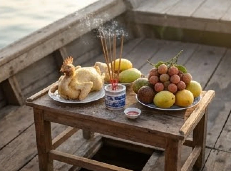 Bát nhang và đĩa trái cây tươi ngon cùng các lễ vật mặn được bày biện đầy đủ trên bàn cúng thủy thần