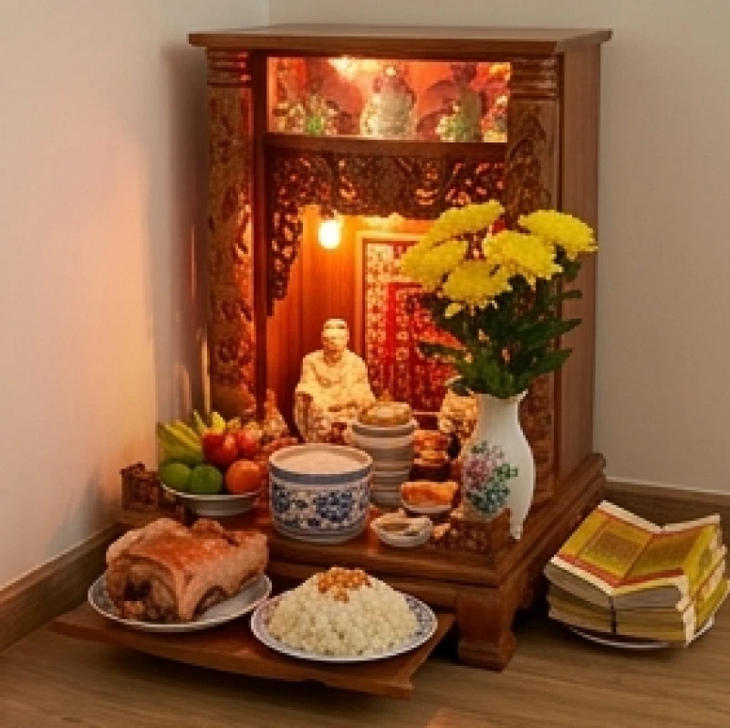 Bàn thờ Thần Tài Thổ Địa được bày biện đầy đủ đồ lễ mặn, tiền vàng mã và hoa tươi để cầu mong tài lộc dồi dào