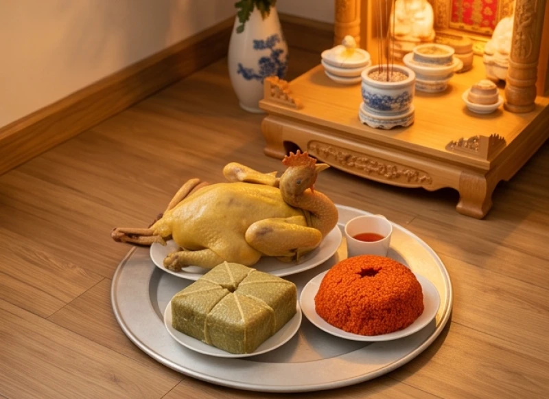 Đĩa gà luộc, bánh chưng và xôi gấc bày biện đẹp mắt trên mâm cúng Thần Tài sáng mùng 2