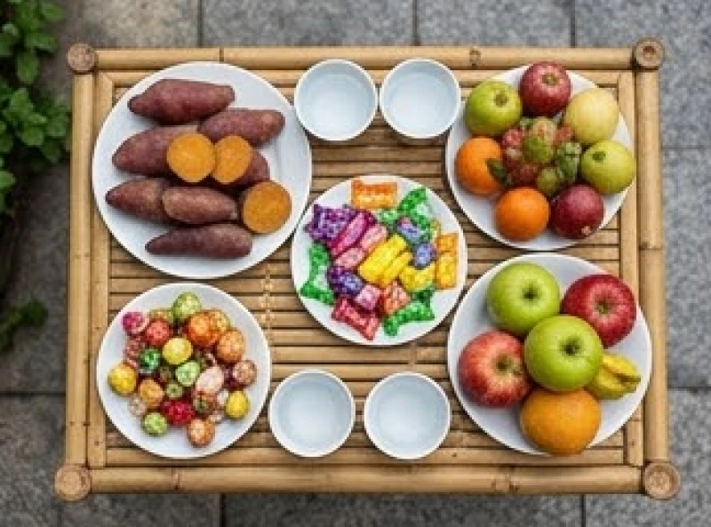 Bánh kẹo trái cây ngũ sắc và khoai sắn luộc trên mâm cúng thí thực mùng 2