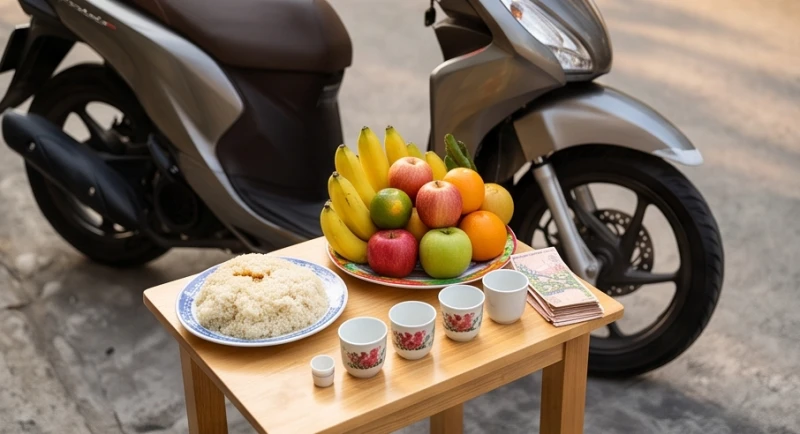 Đĩa xôi chè, mâm ngũ quả tươi và ba ly nước lọc được bày biện tươm tất trên mâm lễ cúng xe máy mới mua