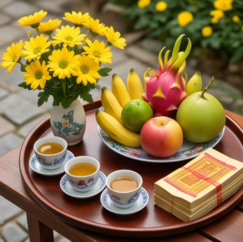 Đầy đủ lễ vật gồm hoa tươi, mâm ngũ quả, nhang đèn và giấy tiền vàng mã bày biện tươm tất