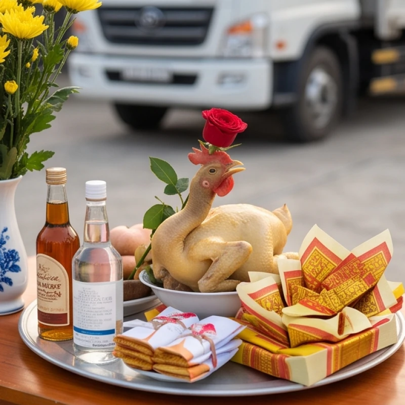 Mâm lễ mặn thịnh soạn với gà luộc chéo cánh và tiền vàng mã dành riêng cho nghi thức tạ ơn của xe khách
