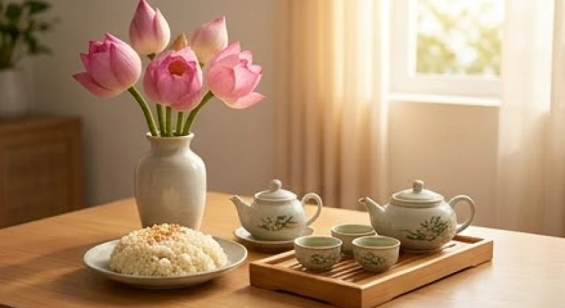 Văn khấn ngày sinh Chủ tịch Hồ Chí Minh: Lễ vật và bài cúng 19/5 1 Mâm lễ thanh tịnh dâng Bác với hoa sen tươi, xôi ngọt và ấm trà mạn truyền thống