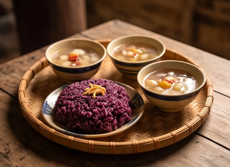 Mâm cúng đặc sản chay dâng ban Sơn Trang với xôi nếp cẩm và chè ngọt được bày trí trong các bát nhỏ