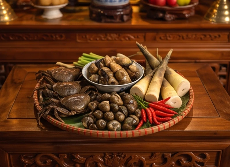 Đĩa cua đồng và ốc luộc bày chanh ớt dâng tại ban Sơn Trang đền phủ