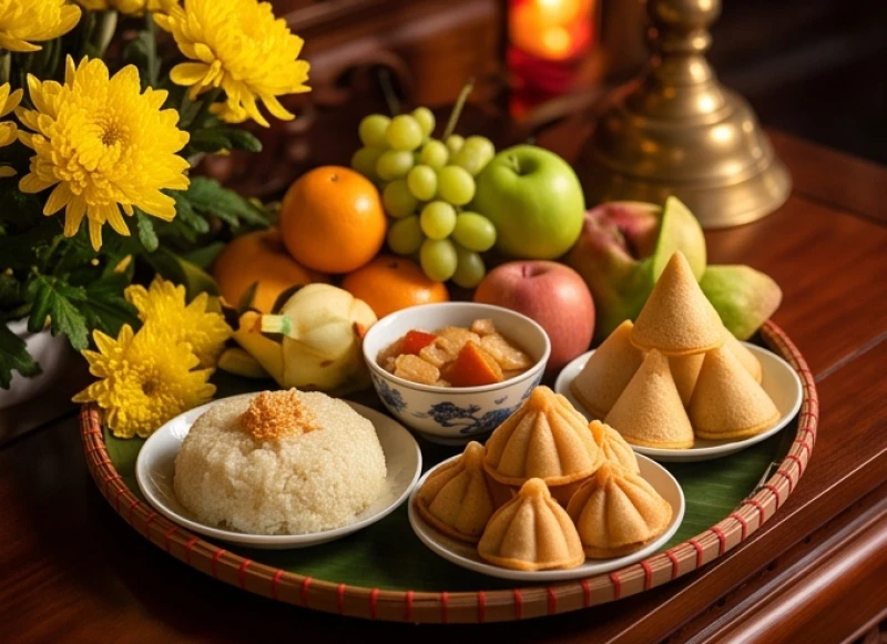 Văn khấn Đức Thánh Hiền tại chùa: Bài cúng chuẩn và sắm lễ chay 4 Các món đồ cúng chay như xôi, oản, trái cây tươi và hoa cúc vàng được sắp xếp đẹp mắt trên mâm lễ