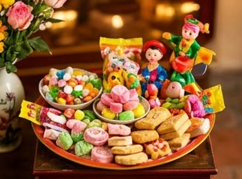 Mâm lễ vật rực rỡ sắc màu gồm bánh kẹo và hoa quả dâng tại Ban Lầu Cô, Lầu Cậu