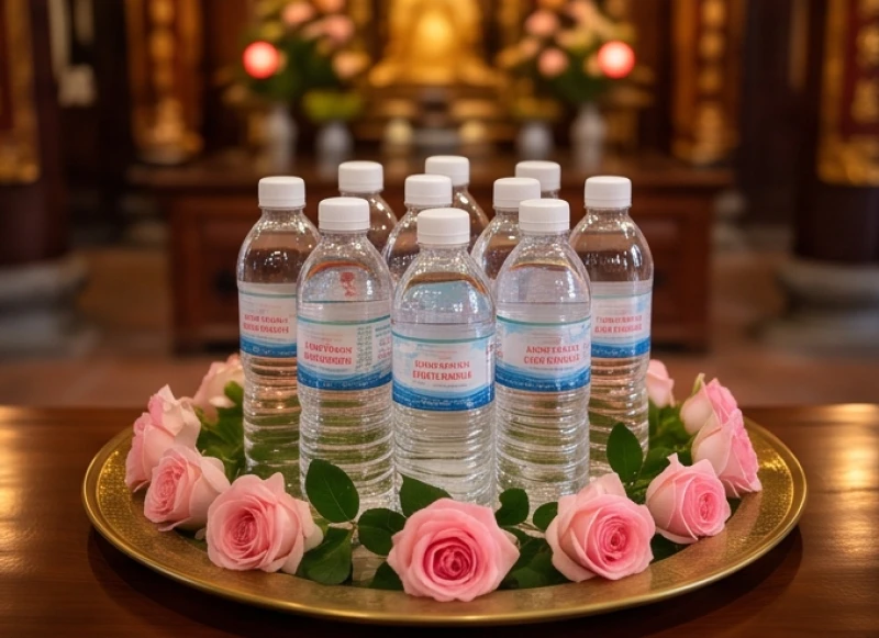 Chín chai nước suối tinh khiết được xếp ngay ngắn trên mâm lễ dâng lên đền thờ Cô Chín Giếng