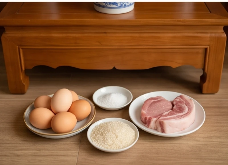 Mâm lễ vật sống gồm năm quả trứng và thịt tươi được đặt cẩn thận dưới gầm hương án ban thờ