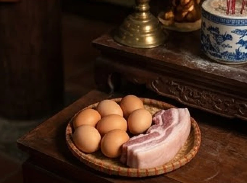 Mâm khay nhỏ đựng năm quả trứng gà sống và miếng thịt ba chỉ dâng hạ ban