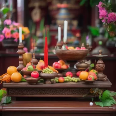 Lễ vật trên bàn thờ cúng tại đền chùa