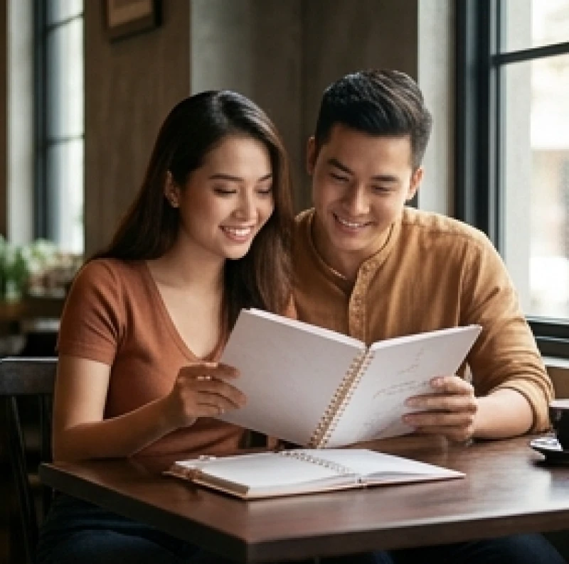 Cặp đôi trẻ tuổi cùng nhau xem lịch và bàn bạc chi tiết về các dự định quan trọng trong tương lai