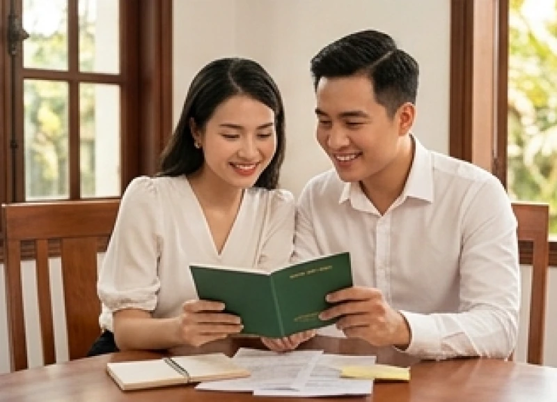Đôi vợ chồng trẻ tươi cười ngồi xem sổ tiết kiệm và bản phác thảo chi phí đám cưới