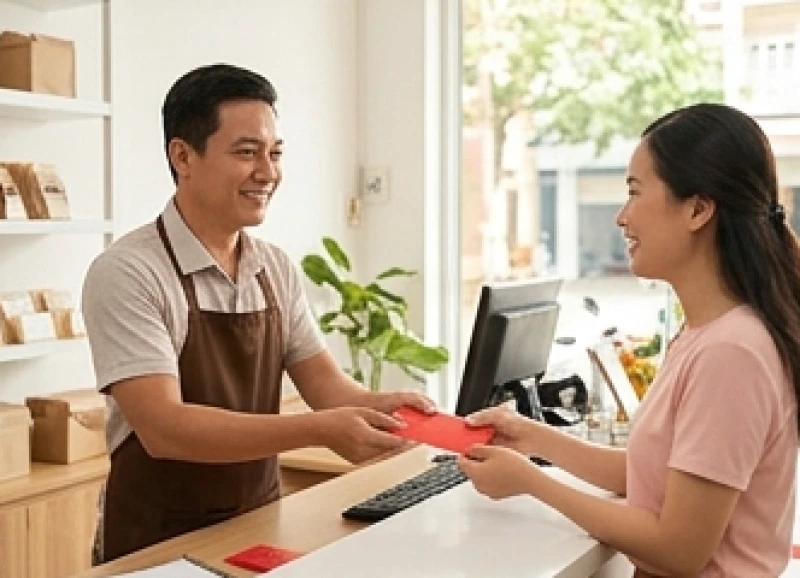 Tuổi Thân Khai Trương Ngày Nào Tốt: Lịch Mở Hàng & Văn Khấn 8 Chủ cửa hàng vui vẻ trao phong bao lì xì đỏ cho vị khách đầu tiên đến xông đất mua hàng