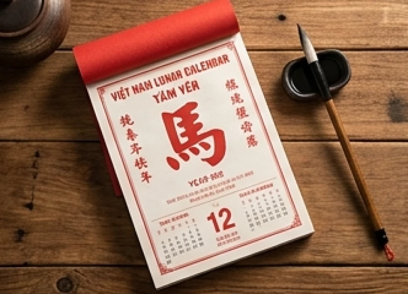 Cuốn lịch âm màu đỏ năm Bính Ngọ 2026 mở ra trên bàn làm việc bằng gỗ cùng chiếc bút lông