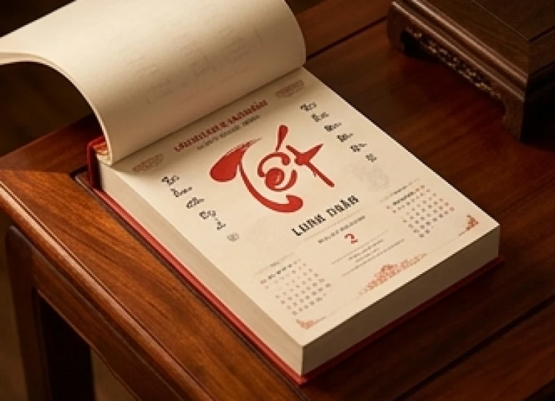 Cuốn lịch âm lịch truyền thống mở ra để tra cứu các tháng cát hung và ngũ hành