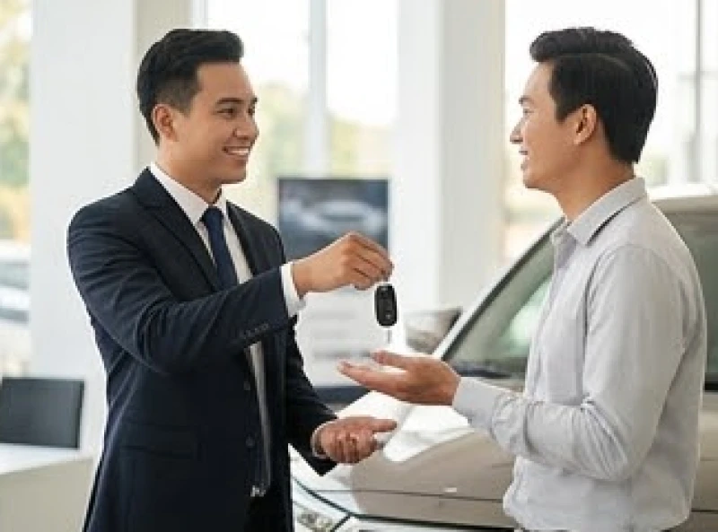 Đại diện showroom đang bàn giao chìa khóa xe mới cho khách hàng vào một ngày hoàng đạo