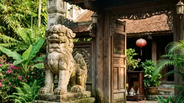 Tượng chó đá uy nghi đặt trước cổng nhà gỗ truyền thống mang đậm lịch sử và ý nghĩa con chó trong tử vi phong thủy