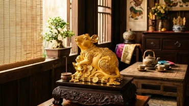 Bức tượng chuột mạ vàng cao cấp đặt trên đôn gỗ thể hiện lịch sử và ý nghĩa con chuột trong tử vi phong thủy