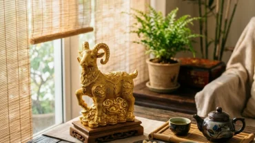 Bức tượng dê phong thủy tinh xảo trên bàn làm việc thể hiện lịch sử và ý nghĩa con dê trong tử vi phong thủy