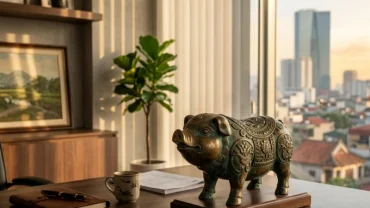 Tượng heo mạ vàng trên bàn làm việc, biểu tượng đại diện cho lịch sử và ý nghĩa con lợn trong tử vi phong thủy