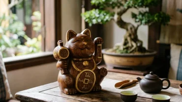 Minh họa chân thực về lịch sử và ý nghĩa con mèo trong tử vi phong thủy qua bức tượng gỗ nghệ thuật