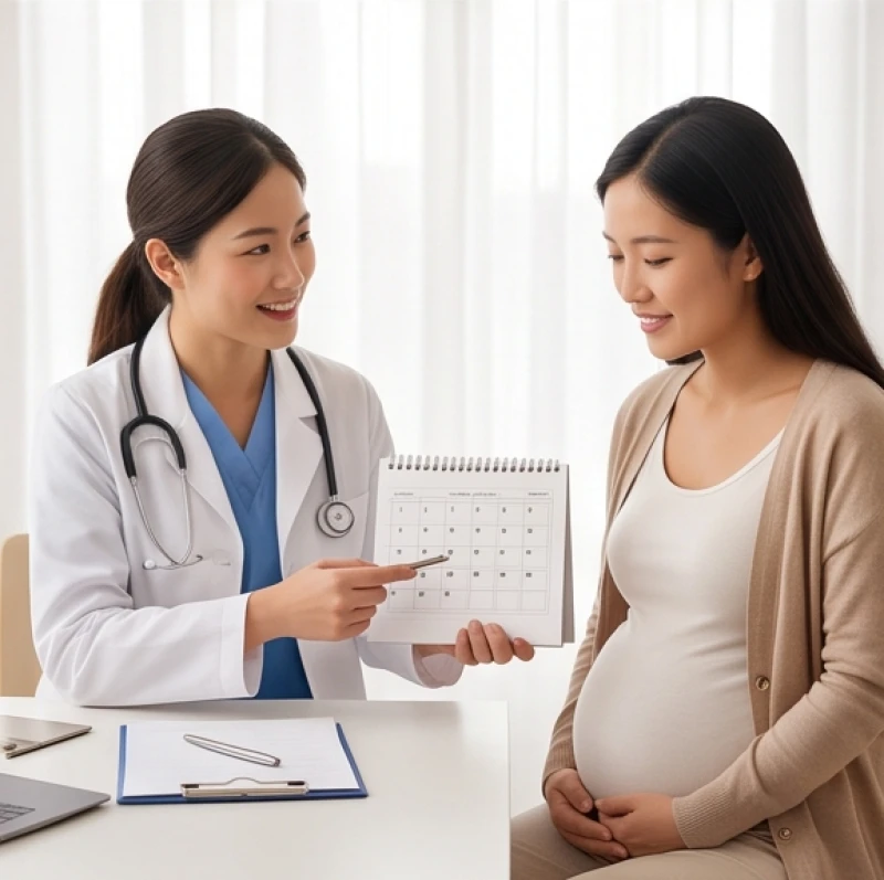 Bác sĩ đang ân cần hướng dẫn người mẹ trẻ cách tính chu kỳ thai nghén an toàn trên lịch treo tường