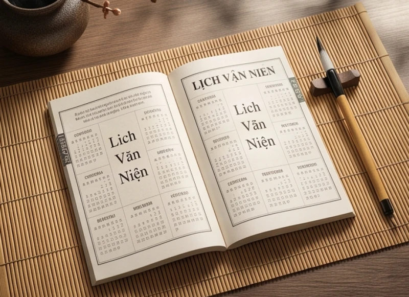 Tử vi trọn đời tuổi Ất Dậu 1945 nam mạng: Diễn biến mốc tuổi 2 Cuốn lịch vạn niên truyền thống Việt Nam đặt cạnh bút lông dùng để đối chiếu ngày sinh âm dương